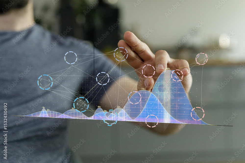 Poster Person interacts with a holographic graph, visualizing data analysis and business growth. Stock photo.