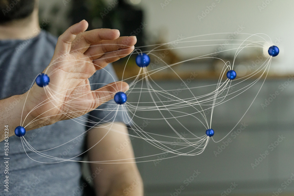 Poster A hand interacts with a digital network, illustrating global connectivity and data interaction.