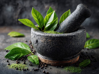 Pestle and mortar with green tea leaves and spices on dark surface