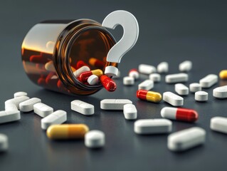 Confusion about medication with pills scattered from an open bottle