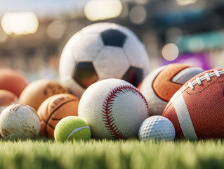 Collection of various sports balls on a green field during daylight