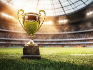 Shiny trophy on the field during a sporting event celebration at sunset