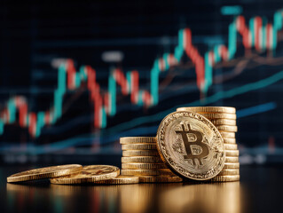 Bitcoin coins stacked in front of a trading chart showing fluctuations
