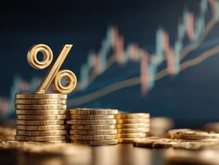 Golden coins and percentage symbol show finance growth in stock market analysis