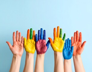 Colorful hands raised in a row