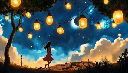 At night, a lone female figure wanders through the park, seeking refuge in the quiet, peaceful atmosphere that pervades the evening air