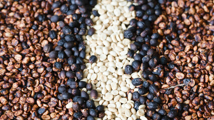Various types of coffee beans arranged in a visually striking pattern, showcasing differences in...