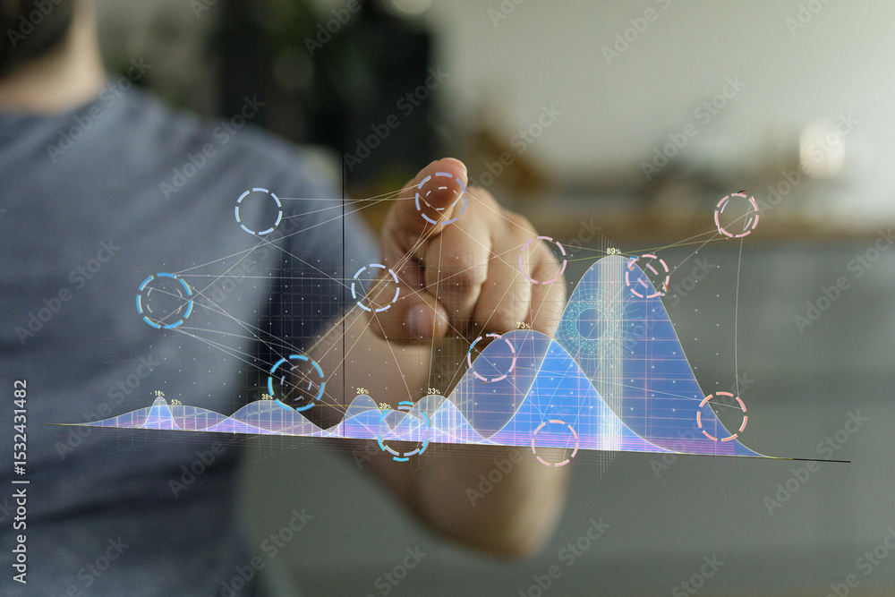 Poster Close-up of a person's hand interacting with a holographic graph, showcasing data analysis and technology.