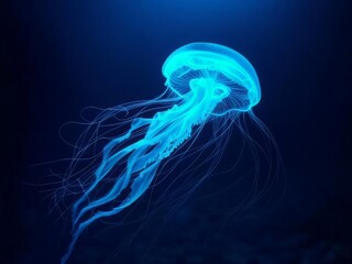 Blue Bioluminescent Jellyfish on Dark Background, Underwater Scene