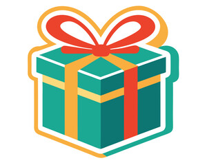 Colorful illustrated gift box with red ribbon bow on white background perfect for design use. gift, present, box, ribbon, bow, red, green, teal, turquoise.