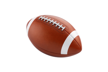 Traditional brown leather football with white laces and stripes, classic American sports equipment design, isolated on a transparent background