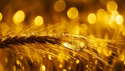 A close-up macro shot of a young wheat ear in sunlight reveals the wheat ear covered in numerous dew droplets in its natural habitat