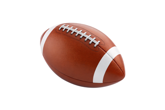 Traditional brown leather football with white laces and stripes, classic American sports equipment design, isolated on a transparent background