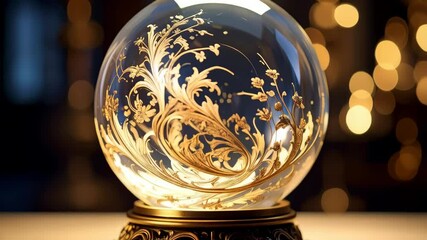 Crystal ball with intricate golden floral pattern on ornate base with soft bokeh light