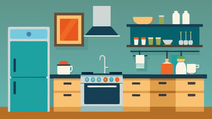 Cozy kitchen interior with blue and beige cabinets, open shelves, cooking utensils, and various dishes and containers in flat modern style
