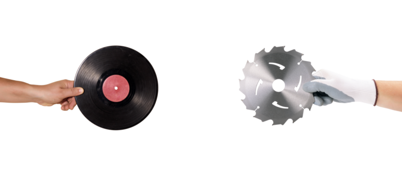 Unique contrast between a vinyl record and a saw blade in a creative display
