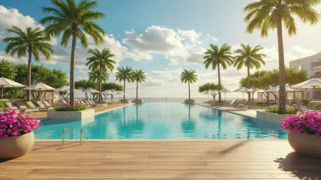 Luxury resort swimming pool with palm trees, lounge chairs and umbrellas during summer vacation, beautiful travel destination video.