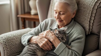 Senior woman holding a cat in an armchair at home, smiling and content. Pet companionship and elderly care. Use for pet adoption, senior living, healthcare marketing. - Powered by Adobe