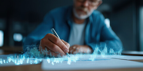 Elderly researcher examines glowing waveform projections while taking notes at modern workstation.