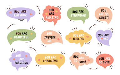 Set of speech bubbles with compliment phrases, quotes about love for yourself.