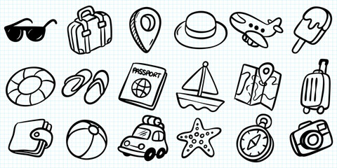 Hand Drawn Travel and Vacation Doodle Icon Set.