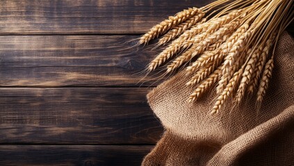 Rustic farmhouse decor featuring agricultural elements in a vintage setting is perfectly captured by a grunge wooden board with wheat ears and a flour sack