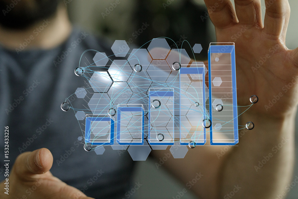 Poster Stock photo of hands interacting with a digital bar graph showing business growth and data analysis.