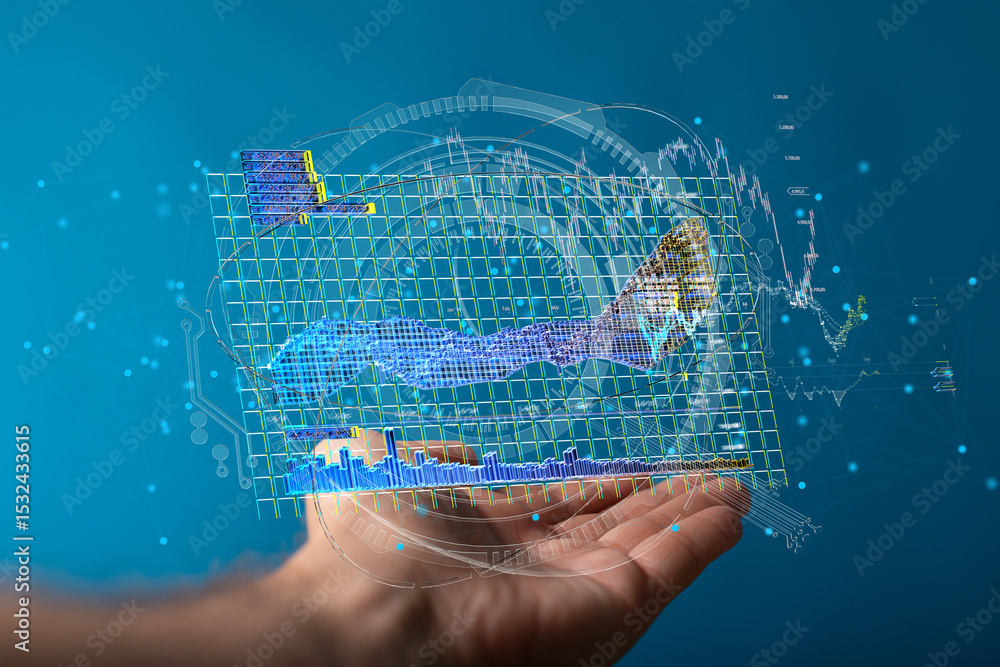 Poster stock photo of a hand holding a futuristic 3d data chart. ideal for technology, finance, and analyti