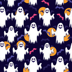 Halloween Seamless Pattern with Cute Ghost and Bats in Hand Drawn Style. Spooky cartoon character. Ghost icon. Playful night spirit with decorations. perfect for cards, patterns, print, web