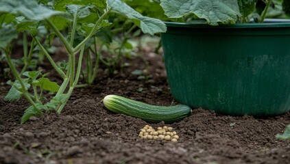 In the lush green cucumber garden, a close-up macro shot reveals young fresh cucumbers nestled among juicy green leaves, thriving in the open ground as they near harvesting time