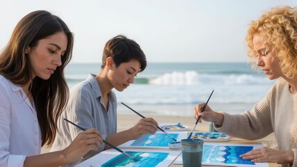 Three women painting on the beach outdoors during a creative watercolor workshop. Group activity vacation. Use for art retreats, team building, creative tourism programs.