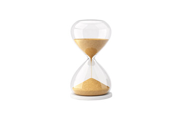White hourglass with golden sand flowing through narrow center opening, isolated on a transparent background