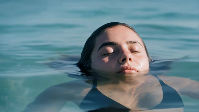 Woman floating in water with eyes closed and a peaceful expression. Calm relaxation. Use for meditation apps, mental health content, resort promotions.