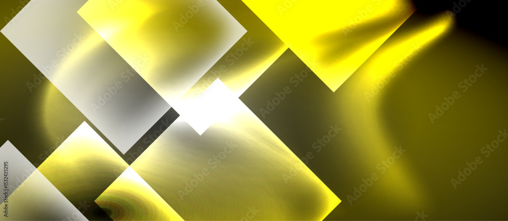 Poster abstract composition features geometric shapes, yellow hues, silver accents. dark background emphasi
