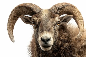 Close-up of a rugged ram with curved horns and intense eyes.