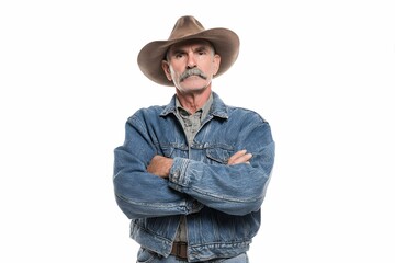 Cowboy in hat and jeans showing tough outdoor style on a plain white backdrop.