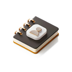 3d icon of a darkgrey spiralbound notebook, featuring a gold 3d icon of a person, isolated on transparent background