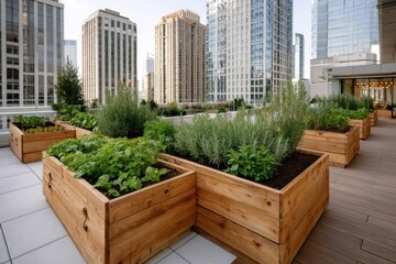 Fototapeta premium Urban rooftop garden features wooden planters with herbs and vegetables in a modern cityscape
