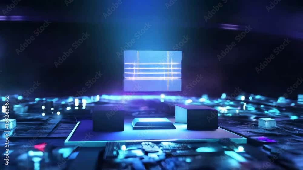 Poster A glowing, futuristic cube filled with particles and light, floating in a cosmic, digital environment.