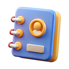 3d icon of a cheerful 3d icon of a blue contact book, isolated on transparent background, features orange and white accents and a friendly yellow person symbol