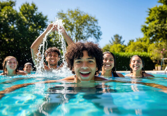 Obraz premium Group of joyful teenagers enjoying a sunny summer day in an outdoor swimming pool, laughing, splashing water, and having fun together.