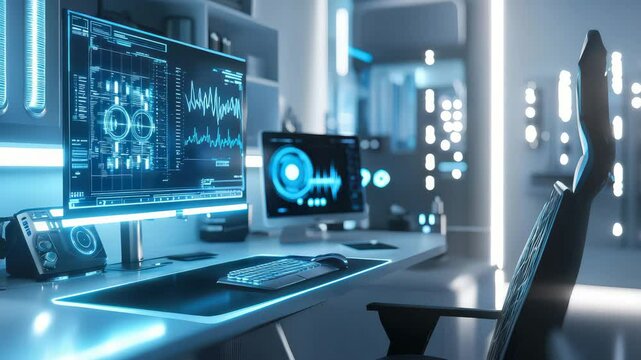 A futuristic workspace with advanced computer screens displaying digital graphs in a sleek, blue-lit environment.