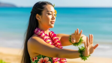 Woman performing a hula dance on the beach, wearing a lei flower garland and traditional costume. Cultural tourism in Hawaii. Use for travel packages, cultural events, luau promotions.