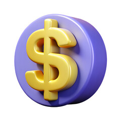 Obraz premium 3d icon of a golden 3d icon of a dollar sign, prominently displayed against a vibrant purple circle, isolated on transparent background
