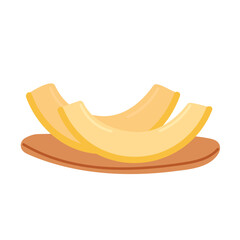 Yellow melon slices on wooden plate in flat cartoon design. Natural vitamin fruit. Fresh ripe foods for summer picnic. Healthy delicious ingredient for vegetarian diet. Vector illustration isolated.