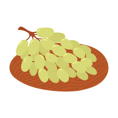 Green grape on wooden plate in flat cartoon design. Fresh ripe juicy fruit. Delicious grapevine berry for summer picnic. Healthy ingredient for vegetarian or vegan diet. Vector illustration isolated.