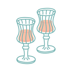 Glasses with pink drink in flat cartoon design. Elegant glassware with dessert wine, delicious beverage or cocktail with fruit juice. Refreshing drink in summer bar. Vector illustration isolated.