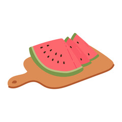 Watermelon cuts on wooden plate in flat cartoon design. Fresh juicy summer fruit for picnic. Triangle pieces and slices of sweet red tasty vegetarian dessert berry. Vector illustration isolated.
