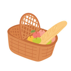 Obraz premium Summer picnic basket in flat cartoon design. Simple brown wicker bag with apples and fresh baguette for outdoor lunch, classic container for carrying camping food. Vector illustration isolated.