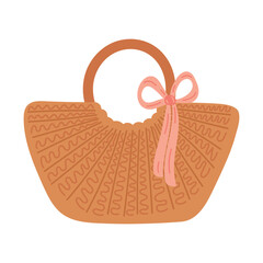 Summer wicker bag with pink silk ribbon in flat cartoon design. Simple brown beach bag with rounded handle. Minimal handcraft female eco bag. Bamboo beachwear basket. Vector illustration isolated.